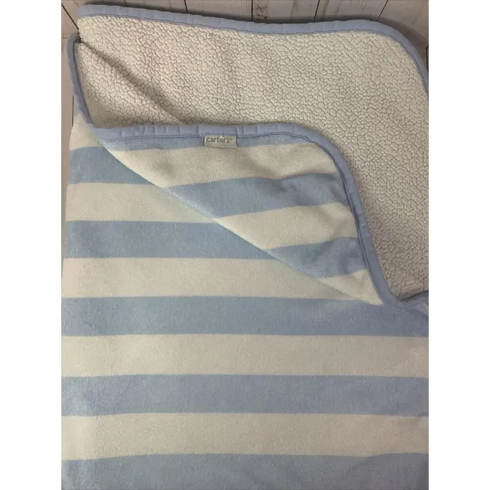 Carters Baby Blanket Blue‎ White Striped Sherpa Fleece Plush Nursery 1627